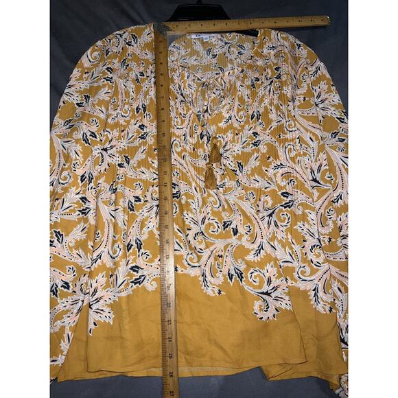 DR2 Top Size L Yellow Floral Accordion Pleats Long Sleeve Lightweight Blouse - Picture 6 of 11